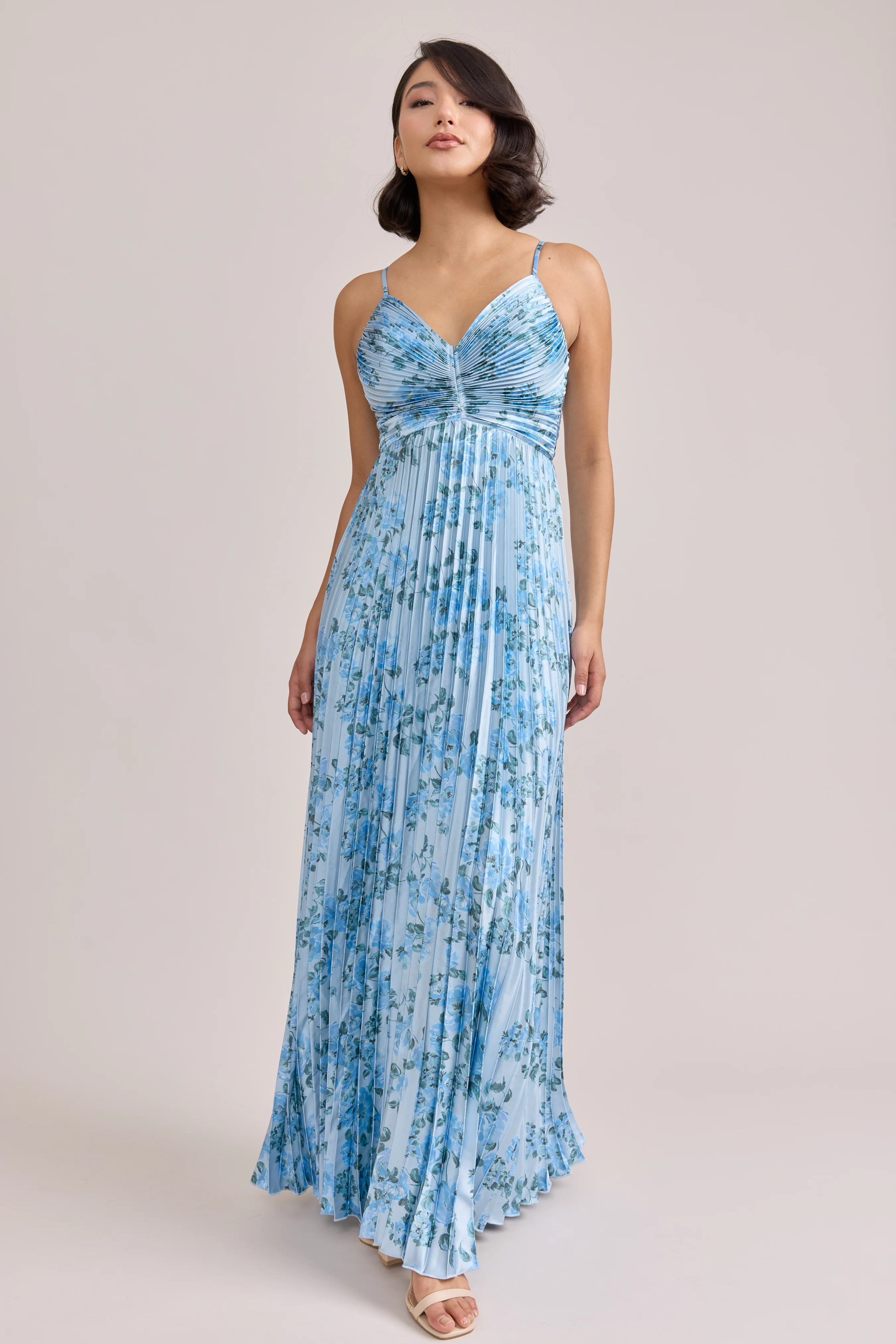 Vivian Satin Pleated Floral Print Dress | Made To Order - Image 44